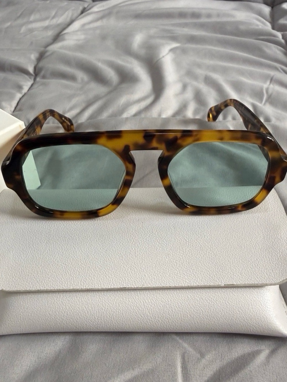 ELISA JOHNSON Jane Square Sunglasses Brown Tortoise Green Tinted UV400